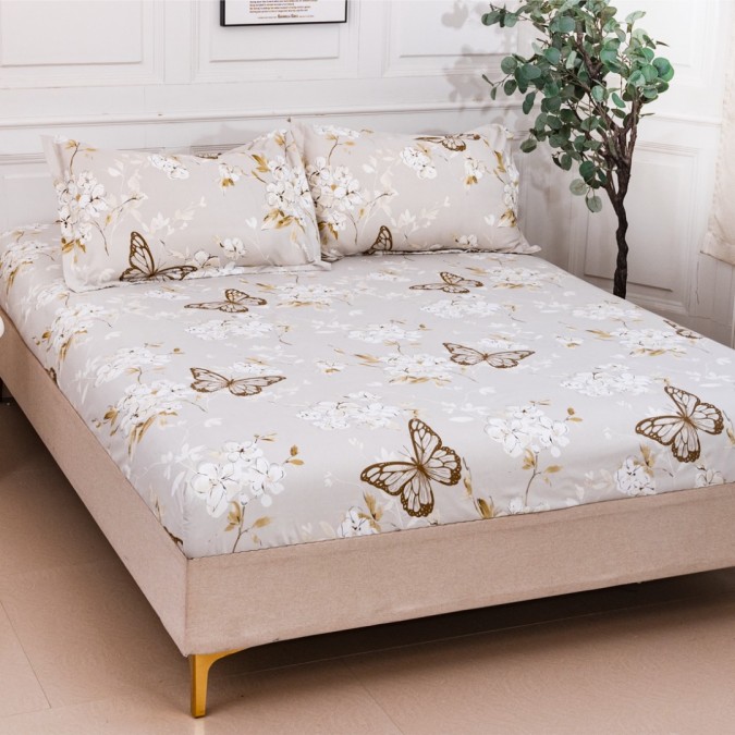 Cearșaf cu Elastic 180x200 cm + 2 Fețe de Pernă 50x70 cm – Bumbac Satinat Premium, Grej, Crenguțe de Copaci cu Flori si Fluturi