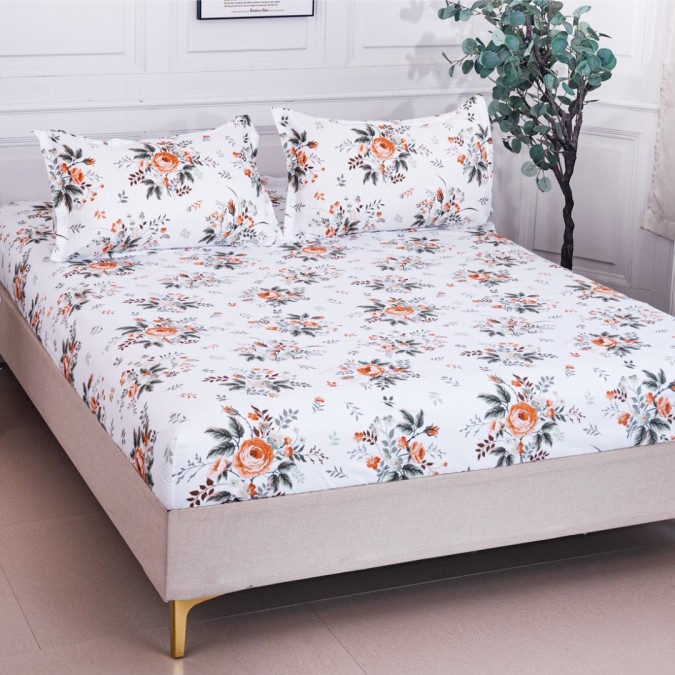 Cearșaf cu Elastic 180x200 cm + 2 Fețe de Pernă 50x70 cm – Bumbac Satinat Premium, Alb, Flori Portocalii cu Frunze