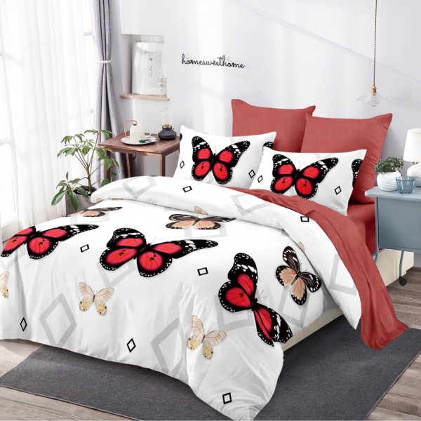 Lenjerie pat dublu,  FINET, cu elastic, 6 piese, Alb, Rosu, Fluturi [1]