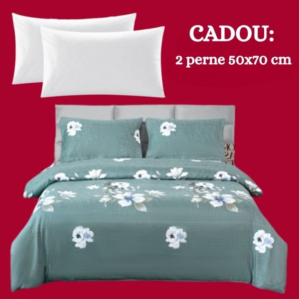 Lenjerie de Pat 4 Piese din Bumbac Satinat cu Cearsaf cu Elastic + 2 Perne Cadou 50x70 cm, cod INS-LSG506 [1]