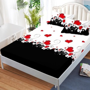 Cearsaf cu elastic, FINET, 180x200cm, 2 fete de perne 50x70cm, Alb, Negru, inimioare