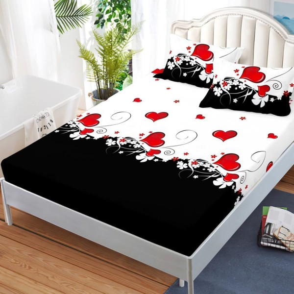 Cearsaf cu elastic, FINET, 180x200cm, 2 fete de perne 50x70cm, Alb, Negru, inimioare [1]