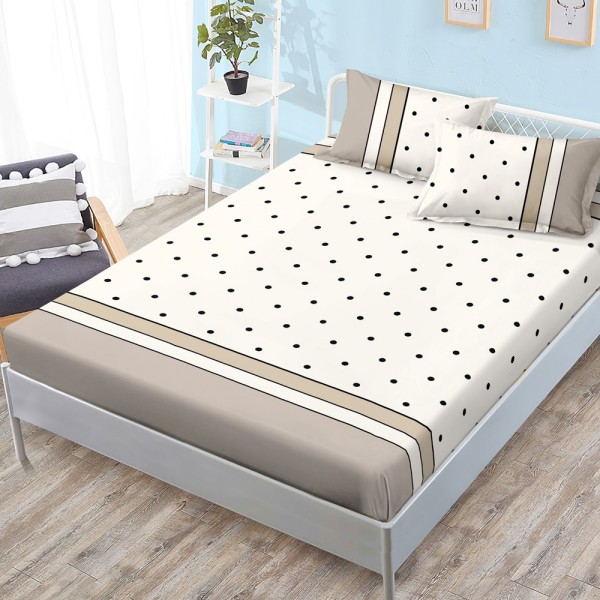 Cearsaf cu elastic, FINET, 180x200cm, 2 fete de perne 50x70cm, Crem, Bej, buline [1]