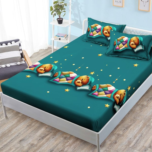 Cearsaf cu elastic, FINET, 180x200cm, 2 fete de perne 50x70cm, Verde, ursuleti [1]