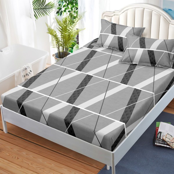 Cearsaf cu elastic, FINET, 180x200cm, 2 fete de perne 50x70cm, Gri, dungi [1]