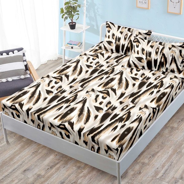 Cearsaf cu elastic, FINET, 180x200cm, 2 fete de perne 50x70cm, Crem, Maro, animal print [1]