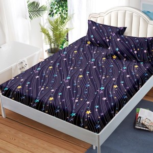 Cearsaf cu elastic, FINET, 180x200cm, 2 fete de perne 50x70cm, Mov, ploaie de stele