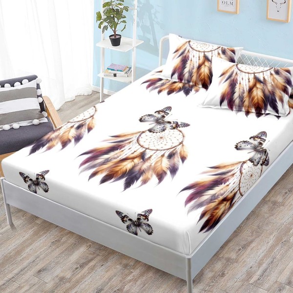 Cearsaf cu elastic, FINET, 180x200cm, 2 fete de perne 50x70cm, Alb, Maro, fluturi, pene colorate [1]