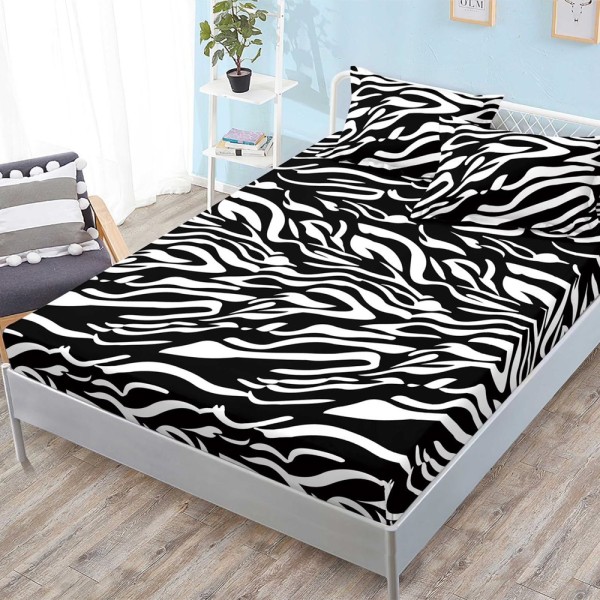 Cearsaf cu elastic, FINET, 180x200cm, 2 fete de perne 50x70cm, Alb, Negru, animal print [1]