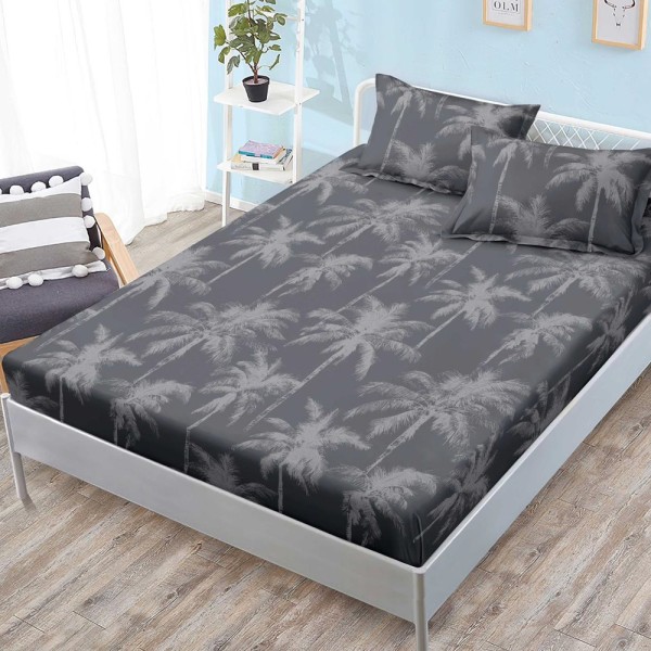 Cearsaf cu elastic, FINET, 180x200cm, 2 fete de perne 50x70cm, Gri, palmieri [1]