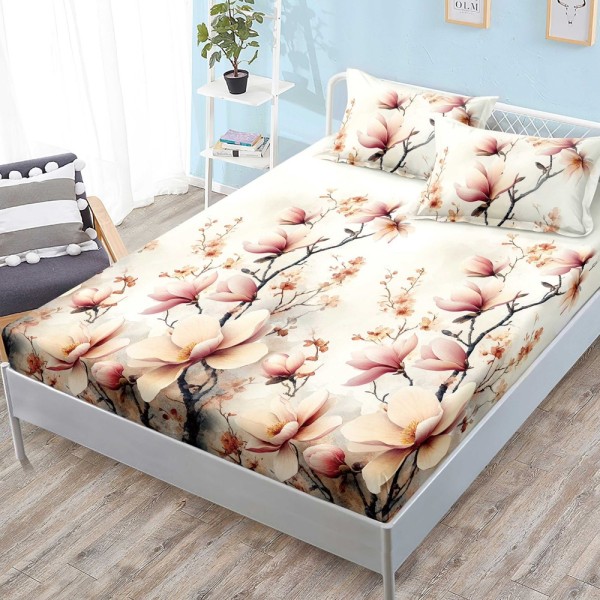 Cearsaf cu elastic, FINET, 180x200cm, 2 fete de perne 50x70cm, Crem, magnolii [1]