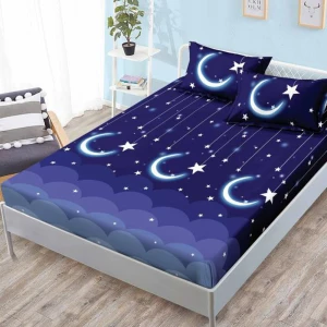 Cearsaf cu elastic, FINET, 180x200cm, 2 fete de perne 50x70cm, Albastru, luna si stele