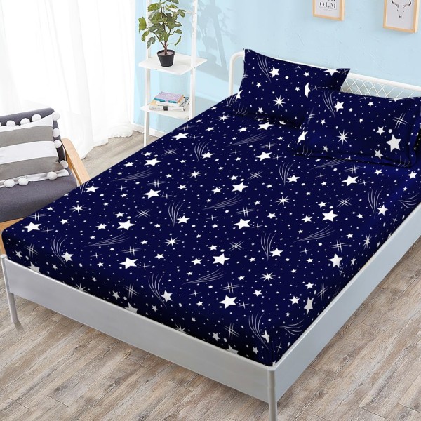 Cearsaf cu elastic, FINET, 180x200cm, 2 fete de perne 50x70cm, Albastru, ploaie de stele [1]