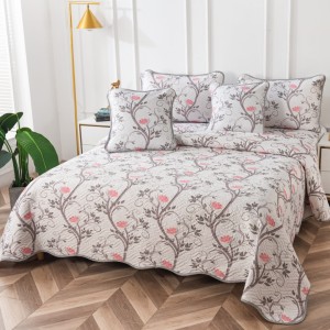 Cuvertura Pat Dublu, Bumbac Matlasat, 230x250 cm, 2 fete de perna 60x80cm, 2 fete de perna 55x55cm, Gri, Crengute cu Flori Roz