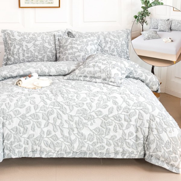 Lenjerie Pat Dublu, Cearsaf cu Elastic, 5 Piese, Bumbac 4 Anotimpuri Fin, Broderie Latoasa - Confort si Eleganta, Gri, Frunze [1]