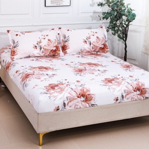 Cearsaf cu Elastic 180x200 cm + 2 Fete de Perna 50x70 cm, Crem, Flori Tomnatice