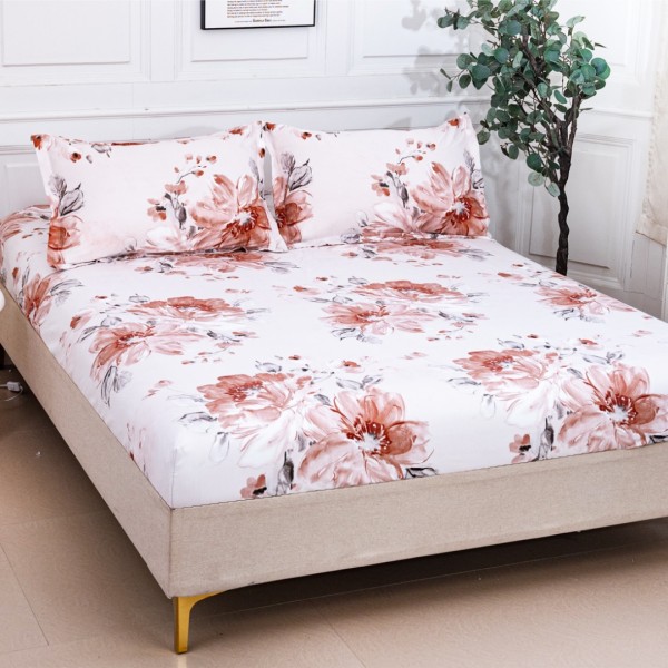 Cearsaf cu Elastic 180x200 cm + 2 Fete de Perna 50x70 cm, Crem, Flori Tomnatice [1]
