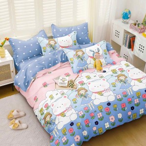 Lenjerie pat dublu cu Elastic, bumbac satinat, bleu, ursuleti