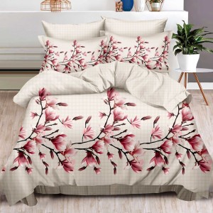 Lenjerie pat dublu (160x200cm, 180x200cm),  FINET, 6 piese, cu ELASTIC, Bej, magnolii