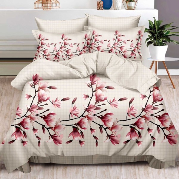 Lenjerie pat dublu (160x200cm, 180x200cm),  FINET, 6 piese, cu ELASTIC, Bej, magnolii [1]