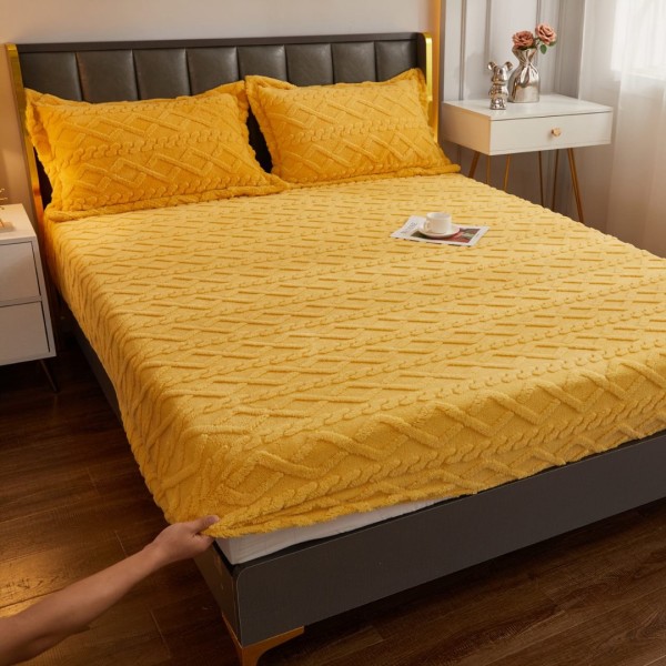 Cearșaf cu Elastic Cocolino, Model 3D Tricotat, 180x200x25 cm – Set cu 2 Fețe de Pernă, Gros și Pufos, Galben [1]