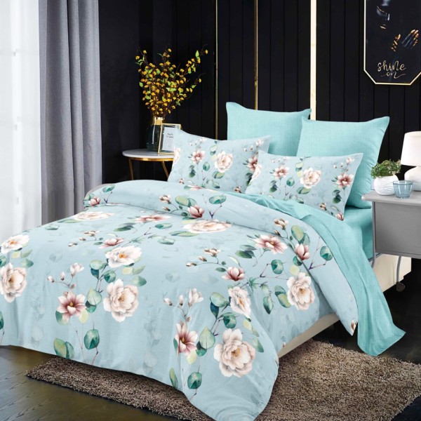 Lenjerie pat dublu,  FINET, cu elastic, 6 piese, Bleu, Flori [1]