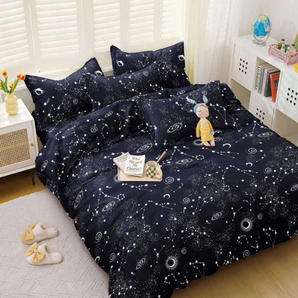 Lenjerie pat dublu (140x200cm, 160x200cm, 180x200cm), bumbac satinat, cearsaf clasic, 4 piese,  Bleumarin, stelute [1]