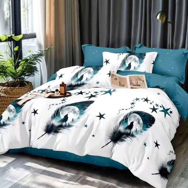 Lenjerie pat dublu (140x200cm, 160x200cm, 180x200cm), FINET, 6 piese, Alb, Bleu, Pene, Stelute [1]