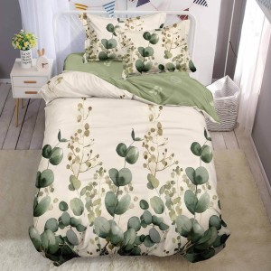 Lenjerie pat 140x200cm,  FINET, 4 piese, cu ELASTIC, Crem, flori