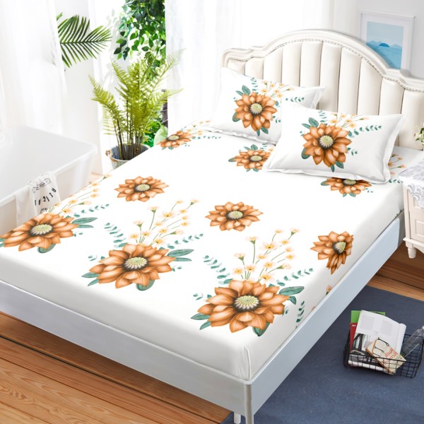Cearsaf cu elastic, Bumbac FINET, 160x200cm, 2 fete de perne 50x70cm, Alb, Maro, Flori [1]