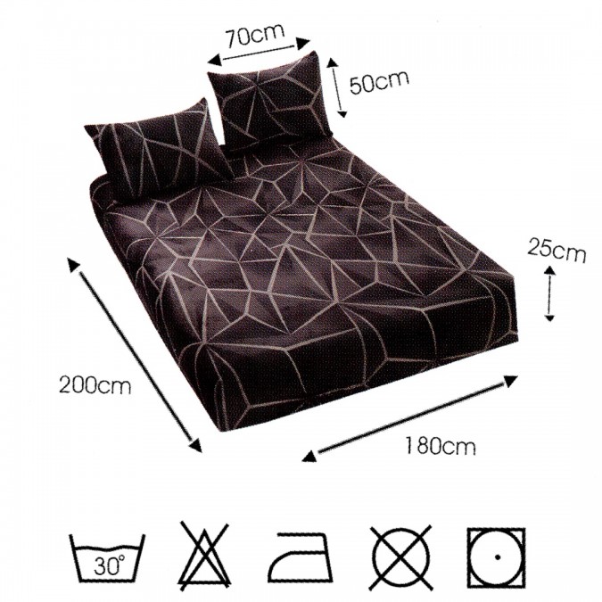 Cearșaf cu Elastic Cocolino 180x200x25 cm – Set cu 2 Fețe de Pernă, Gros și Pufos, Calitate Premium pentru Confort și Eleganță, Negru, Gri, Forme Geometrice