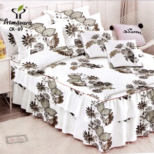 Lenjerie Premium Pat Dublu  FINET, 6 Piese – Volanase Sofisticate, Fixare Perfecta cu Elastic, Alb, Gri, Frunze