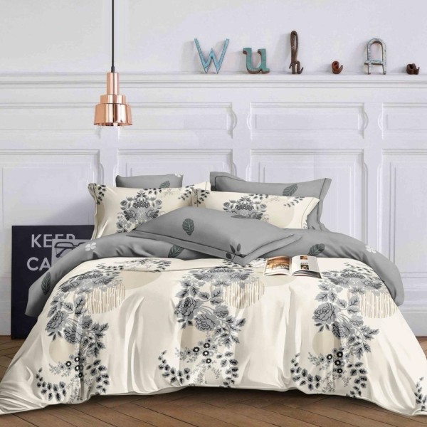 Lenjerie pat dublu (140x200cm, 160x200cm, 180x200cm), FINET, 6 piese, Crem, Gri, flori [1]