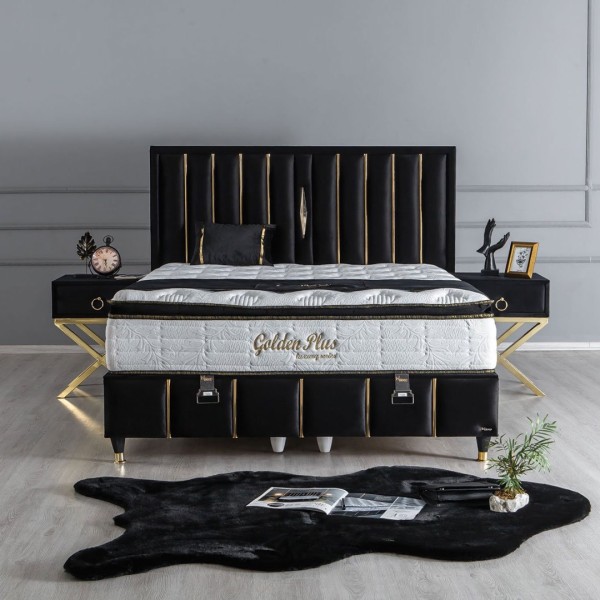 Pat Tapițat cu Catifea si Inserții Aurii, Antracit - model Golden [1]