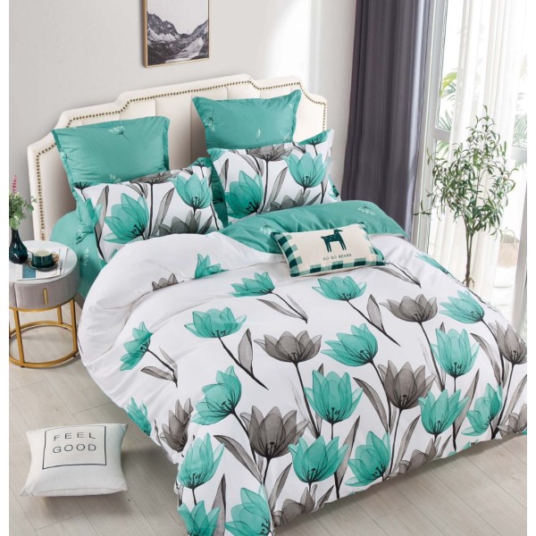 Lenjerie pat dublu,  FINET, 6 piese, Jojo Home, Alb, Turquoise, Lalele [1]