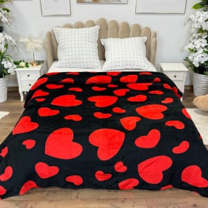 Patura pufoasa cocolino 200x230cm, 240g/mp, Negru, Inimioare Rosii