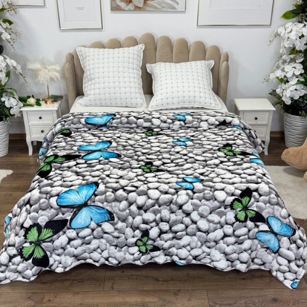 Patura pufoasa cocolino 200x230cm, 240g/mp, Gri, Fluturi Colorați pe Pietre [1]