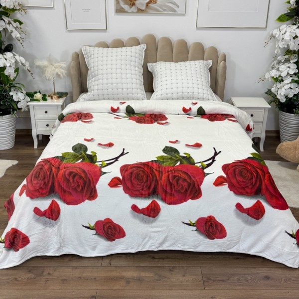 Patura pufoasa cocolino 200x230cm, 240g/mp, Alb, Trandafiri Rosii [1]