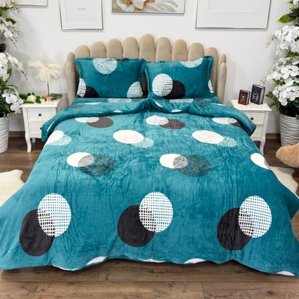 Lenjerie pat dublu, Super Pufoasa COCOLINO,cu ELASTIC, 4 piese, Turquoise, Buline [1]
