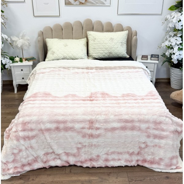   Patura Cocolino cu Blanita Sherpa 200x230cm, model cu Blanita Wave, Alb, Roz [1]
