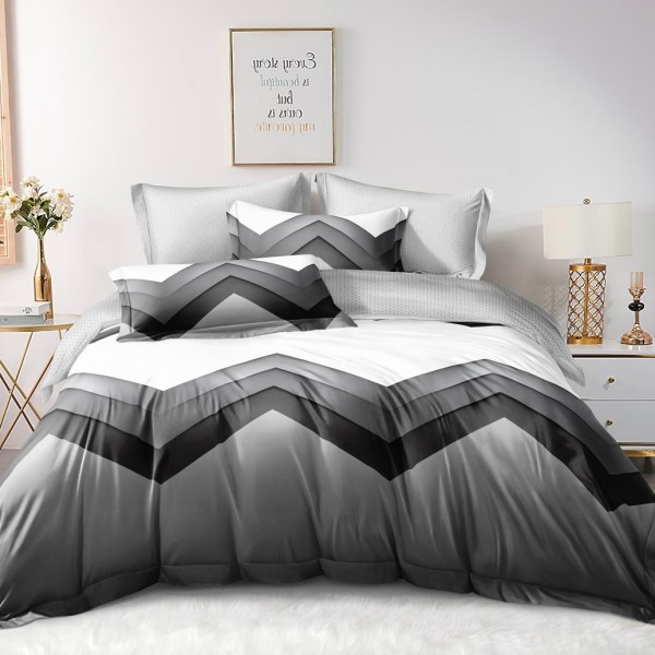 Lenjerie pat dublu cu Elastic (160x200cm si 180x200cm), bumbac satinat, Gri, Alb, Zig-Zag [1]