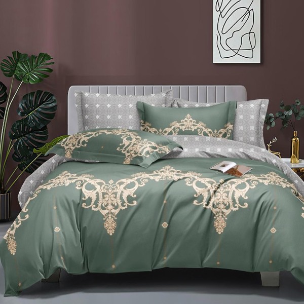 Lenjerie pat dublu cu Elastic (160x200cm si 180x200cm), bumbac satinat, Aqua, Model Oriental [1]
