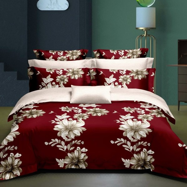 Lenjerie pat dublu cu Elastic (160x200cm si 180x200cm), bumbac satinat, Grena, Bej, Flori [1]