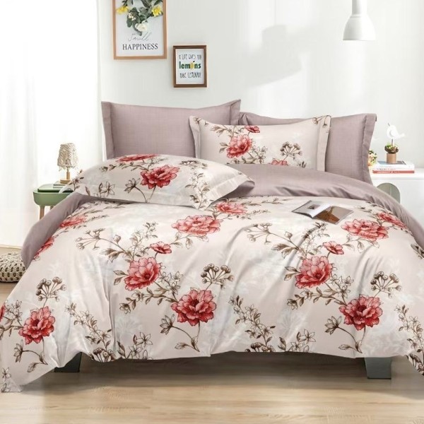 Lenjerie pat dublu cu Elastic (160x200cm si 180x200cm), bumbac satinat, Bej, Flori [1]