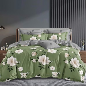 Lenjerie pat dublu cu Elastic (160x200cm si 180x200cm), bumbac satinat, Verde, Flori Lenjerie pat dublu cu Elastic (160x200cm si 180x200cm), bumbac satinat, Verde, Flori