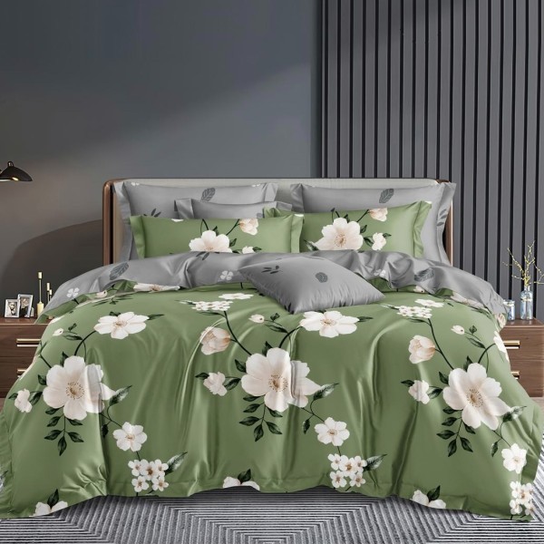 Lenjerie pat dublu cu Elastic (160x200cm si 180x200cm), bumbac satinat, Verde, Flori [1]