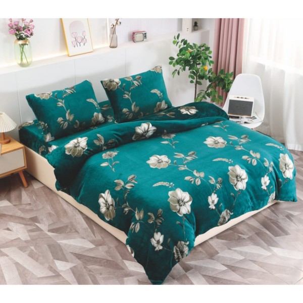 Lenjerie pentru Pat Dublu, Cocolino Premium, 4 Piese – Plușată, Groasă, și Călduroasă, Ideală pentru Iarnă –  Confort Maxim, Antișifonare, Verde, Flori [1]