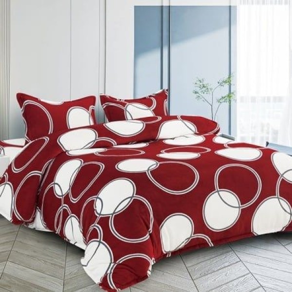 Lenjerie pentru Pat Dublu, Cocolino Premium, 4 Piese – Plușată, Groasă, și Călduroasă, Ideală pentru Iarnă –  Confort Maxim, Antișifonare, Rosu, Alb, Cercuri [1]
