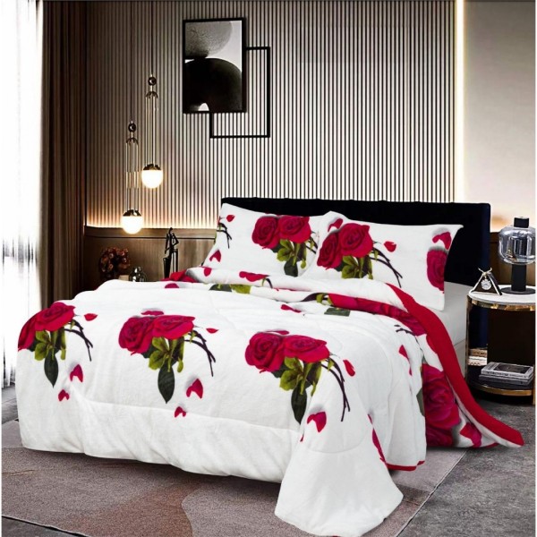 Lenjerie pentru Pat Dublu, Cocolino Premium, 4 Piese – Plușată, Groasă, și Călduroasă, Ideală pentru Iarnă –  Confort Maxim, Antișifonare, Alb, Rosu, Trandafiri [1]