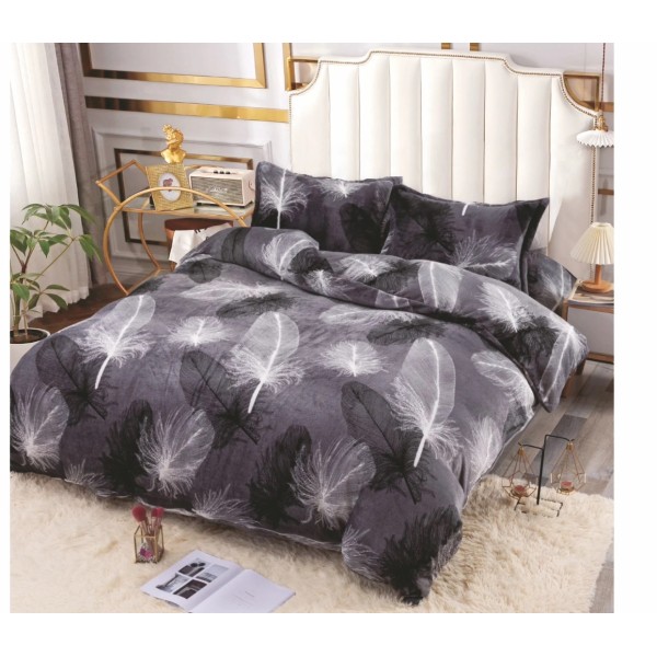Lenjerie pentru Pat Dublu, Cocolino Premium, 4 Piese – Plușată, Groasă, și Călduroasă, Ideală pentru Iarnă –  Confort Maxim, Antișifonare, Gri, Pene [1]